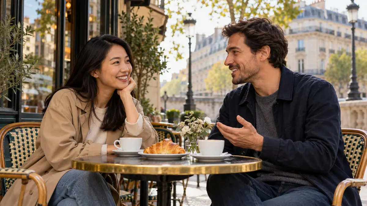 Un couple souriant discute autour d’un café à la terrasse d’un bistrot français, sous une lumière chaude.